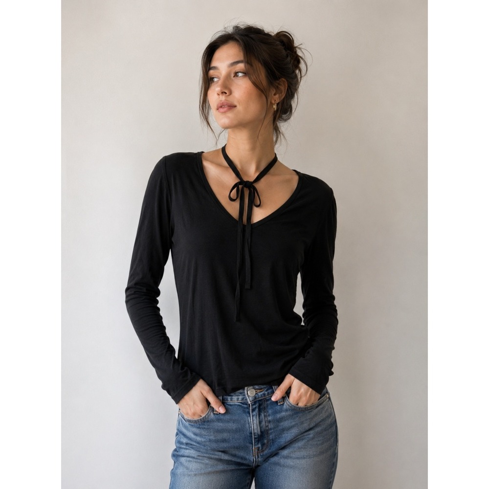 FRAME Black Long Sleeve Tie Neck Top | Tencel V-Neck Shirt | Women's Medium